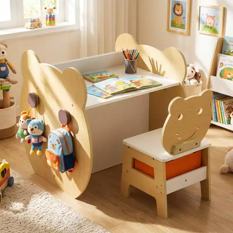 Costway 3-in-1 Kids Art Table & Chair. Reversible Whiteboard/Chalkboard,Storage & Hooks Natural +White/Gray