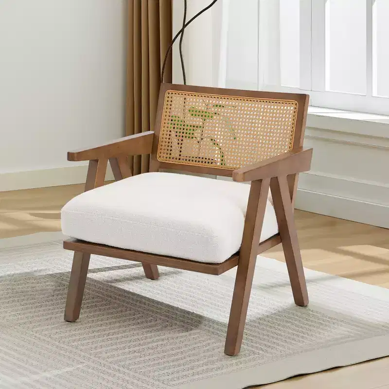 Farmhouse Wood Accent Chair,Mid Century Modern Sofa Chair with Sturdy Wood Legs, Rattan Backrest for Bedroom Living Room