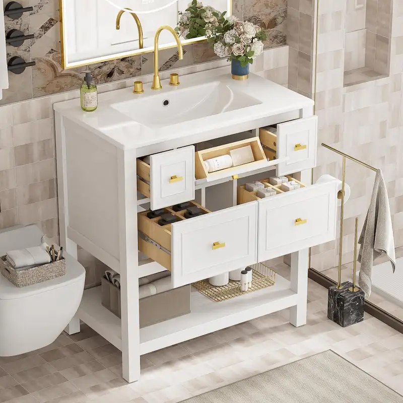 30 Bathroom Vanity with Ceramic Sink Combo, Free Standing Single Vanity Set with 5 Drawers