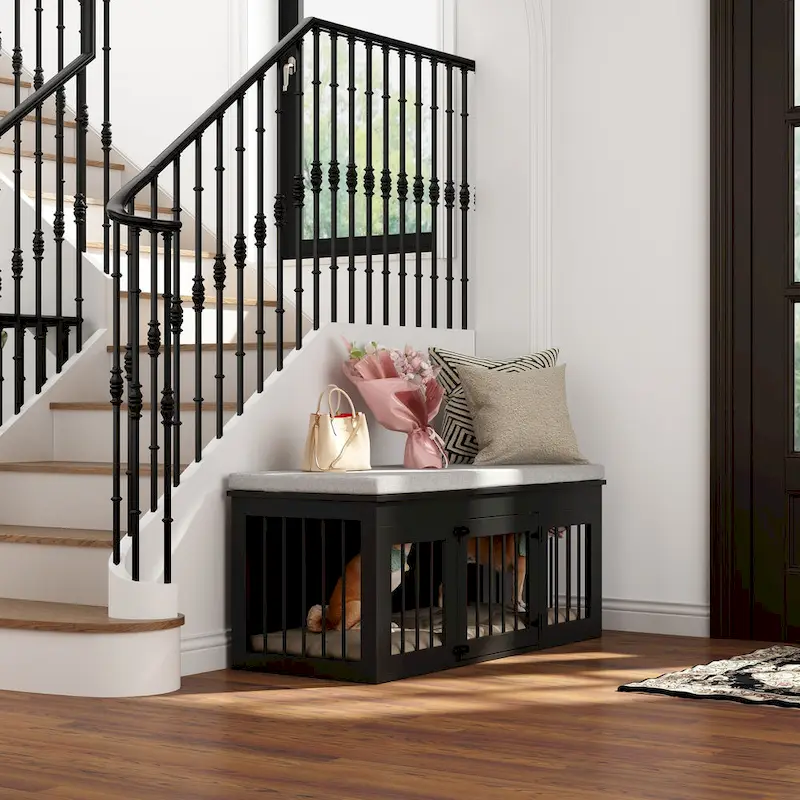 Black Wooden Dog Crate with Cushion Bench Top, Single Dog, 47.2