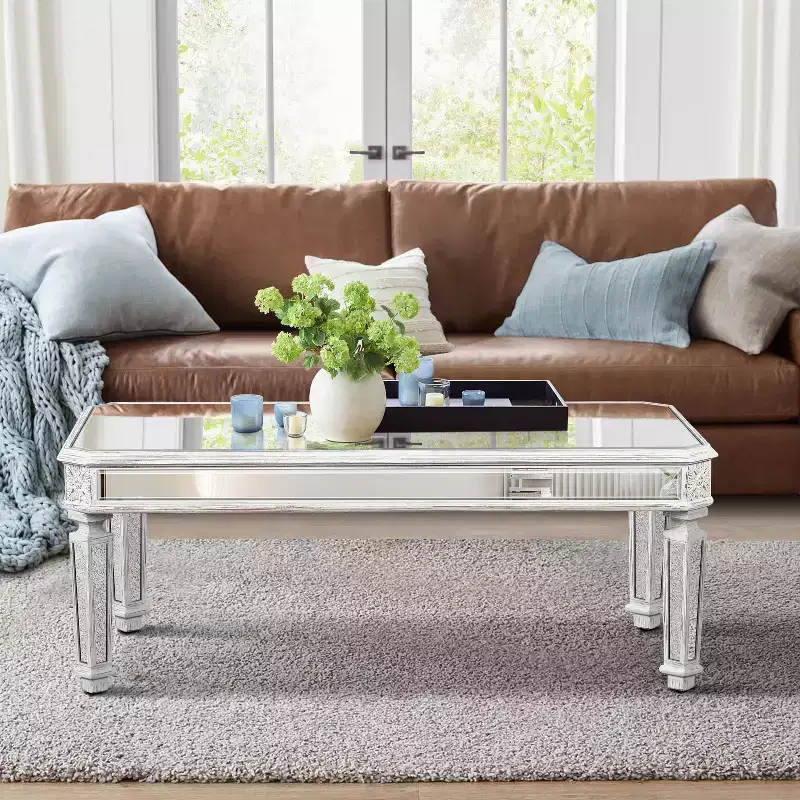 Mirror Coffee Table Cocktail Table Modern Sofa Side Table Accent Table Center Table, Rectangular/Round, Silver-ModernLuxe