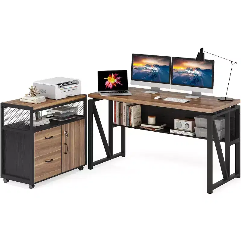 Lantine 55 inches L Shaped Computer Desk with Storage Shelves and Mobile File Cabinet, Executive Desk for Home Office Furniture Sets