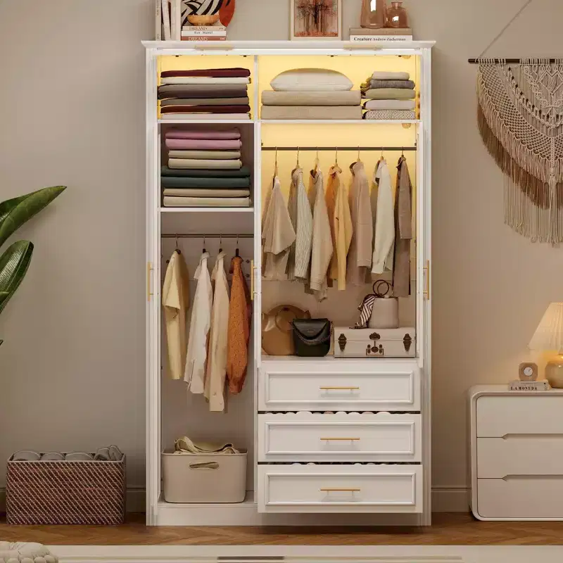 3 Door Wardrobe Armoire with LED Lights & 3 Drawers, Freestanding Closet Cabinet, White - ModernLuxe