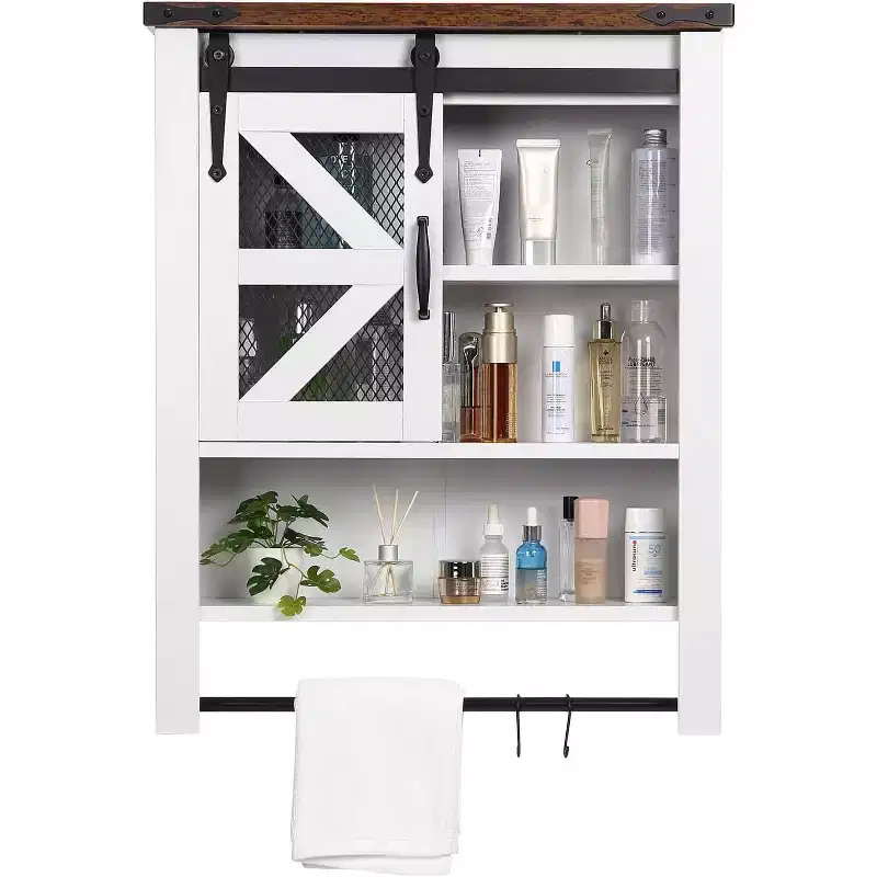Wall-Mounted Bathroom Cabinet with Sliding Barn Door and Adjustable Shelf, Farmhouse-Style Over-Toilet Storage with Towel Bar, Suitable for Bathroom
