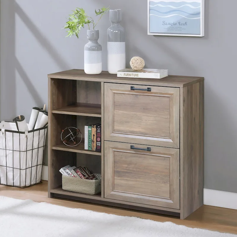 Transitional Rustic Oak 2-Drawer Lateral File Cabinet with 3 Shelves