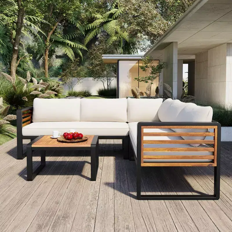 GDFStudio Cameron Patio Modern Acacia Wood & Metal 4-Piece L-Shaped Sectional Sofa Set with Coffee Table and Cushions