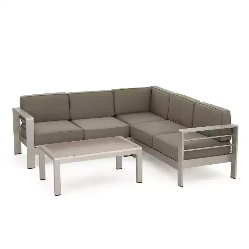 Salome 4pc Patio Chat Set: Modern Weather-Resistant Aluminum Frame, Loose Cushions, Tempered Glass Table, 5-Seater Capacity