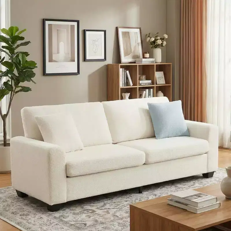 Beige / Green Velvet 3-Seater Sofa with Wide Armrests & Pillow Back
