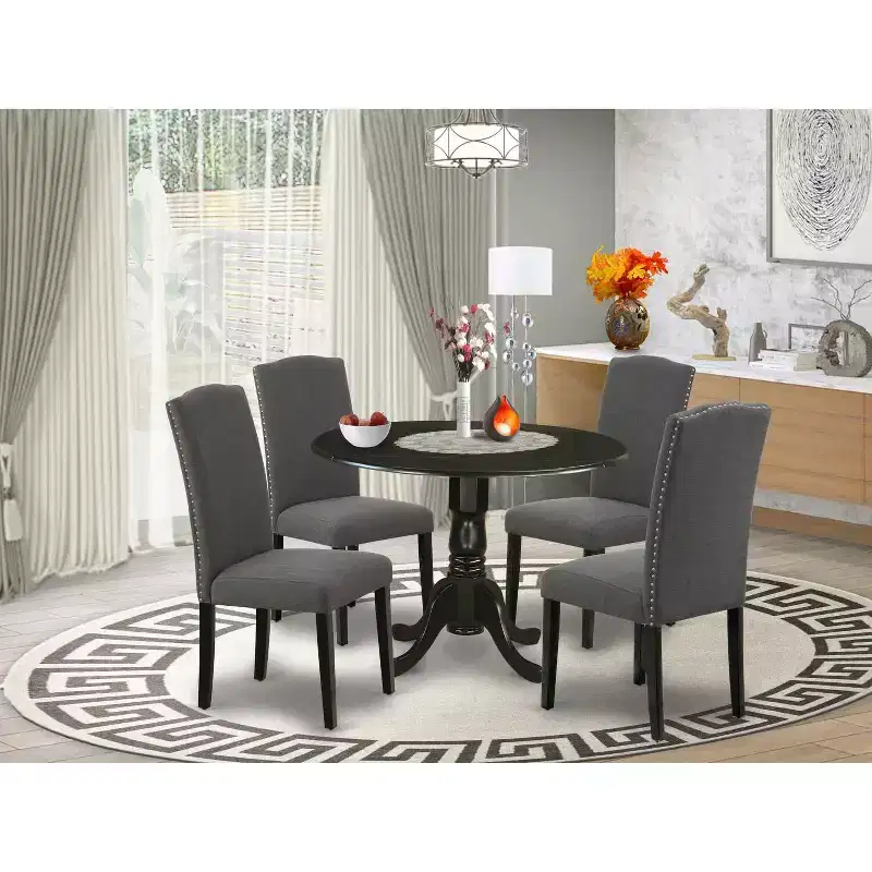 HomeStock Belmont 5 Piece Dining Set Round Dining Room Table with Dropleaf and 4 Dark Gotham Linen Fabric Upholstered Parson Chairs, 42x42 Inch, Black