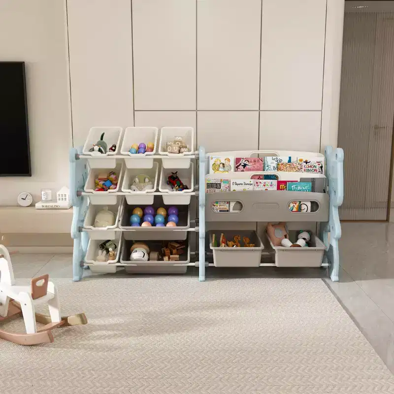 Kids Toy Storage Organizer, Toy Organizer with 2 Tier Bookshelf, Toy Storage with Shelf and 12 Toy Bins, Kids Bookshelf and Toy Storage for Playroom