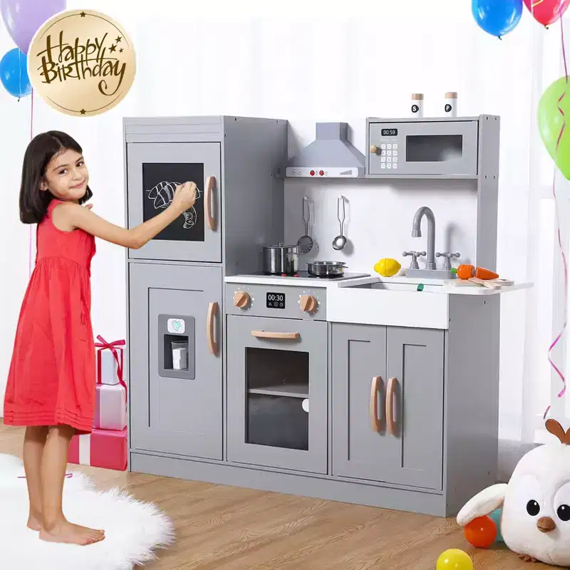 Kids Kitchen Playset, Wooden Chef Pretend Play Set with 20 PCS Cookware Accessories, Wooden Cookware Pretend Gray