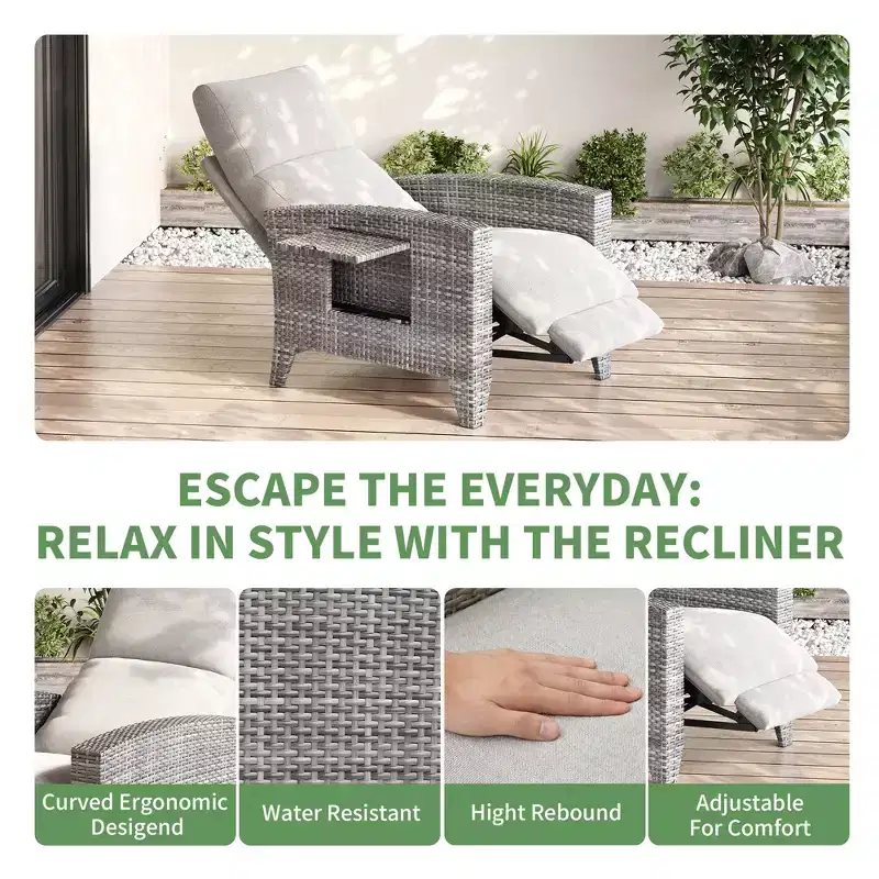 Wicker Recliner Chair with Adjustable Back & Footrest,150 Lay Flat Rattan Reclining Patio Chair with Extendable Side Table & Air Pump