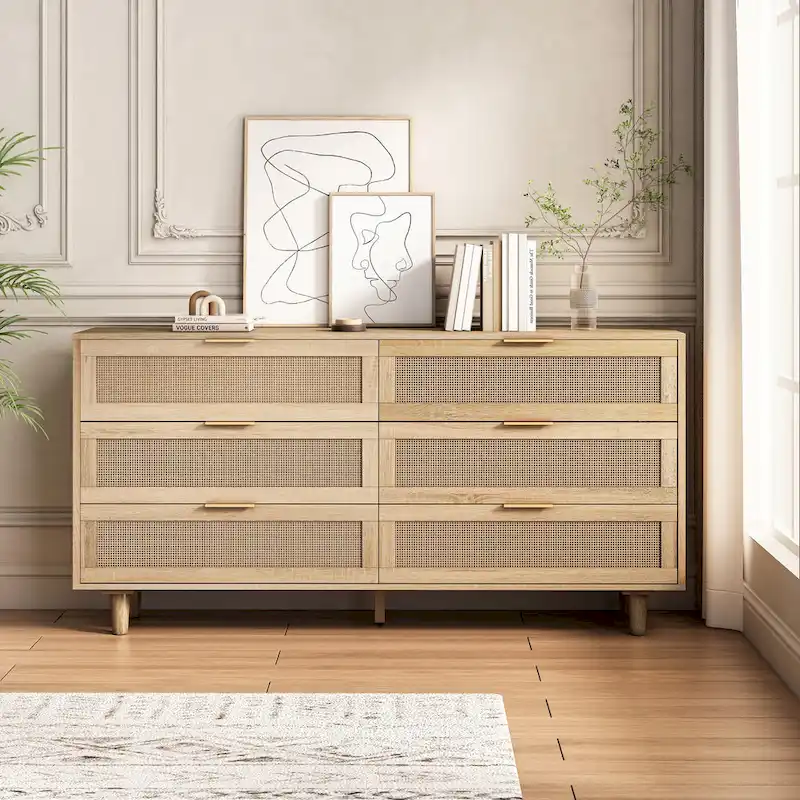 59.066-Drawers Rattan Storage Cabinet Rattan Drawer,for Bedroom,Living Room, Black
