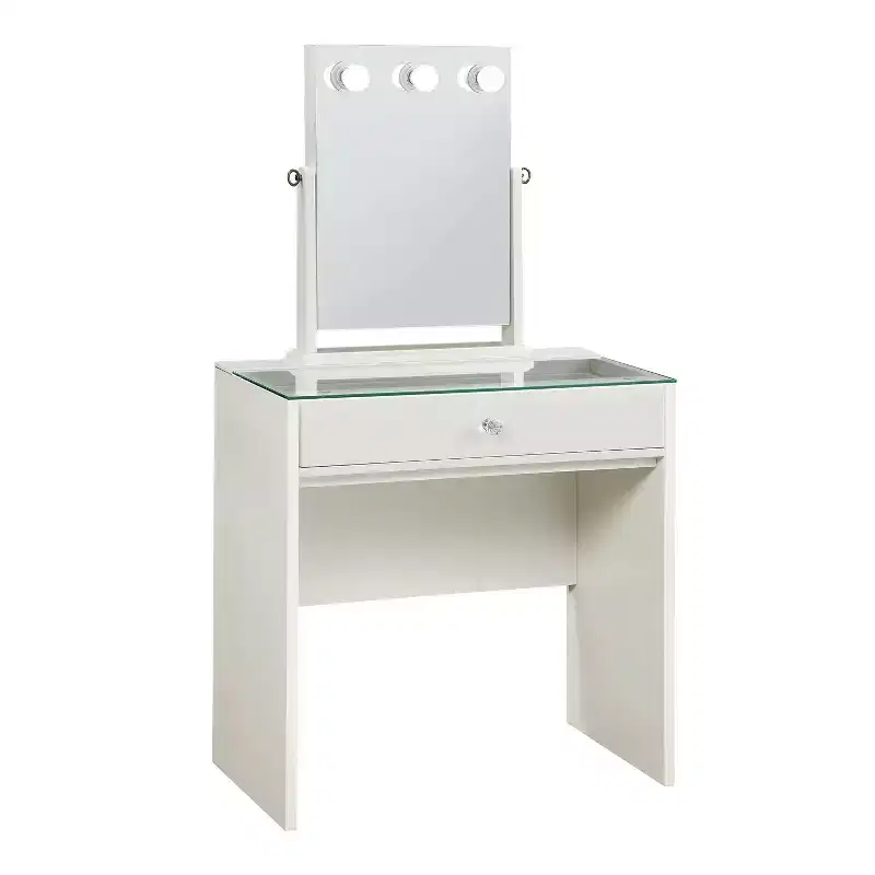 24/7 Shop At Home Frosthaven Makeup Vanity Table with Adjustable Mirror Set Luminous White: Integrated LED, Modern Design, 1 Drawer Storage