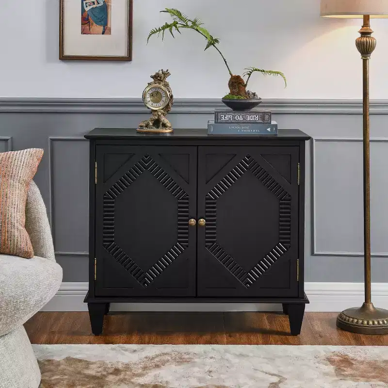 34 Geometric Accent Cabinet, Modern 2-Door Storage Buffet Cabinet with Adjustable Shelf for Entryway, Living Room