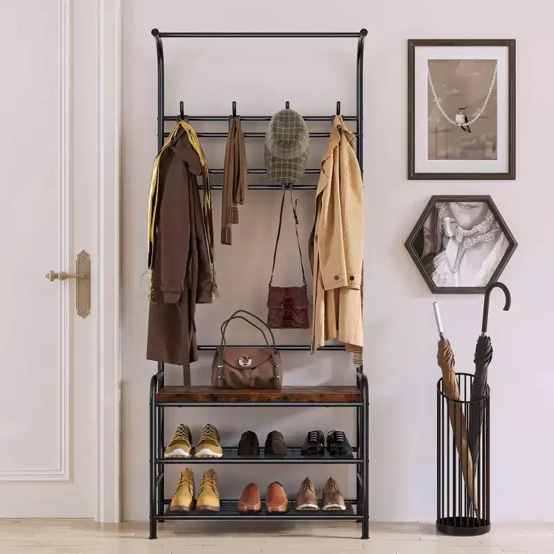4-in-1 Hall Tree Shoe Bench  Entryway Coat Rack with 8 Hooks for Small Spaces