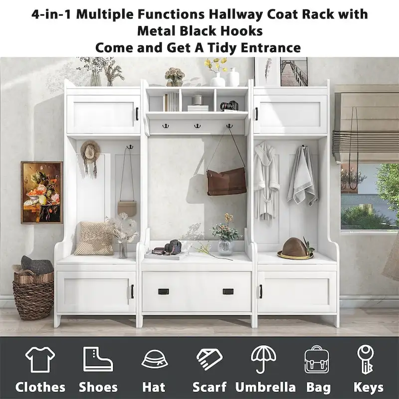 Merax 4-in-1 Multifunctional Entryway Bench Hall Tree with 7 Metal Black Hooks
