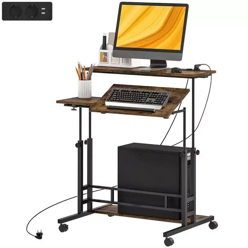 Rolling Standing Desk with Charging Station, Adjustable Height Mobile Desk with Wheels