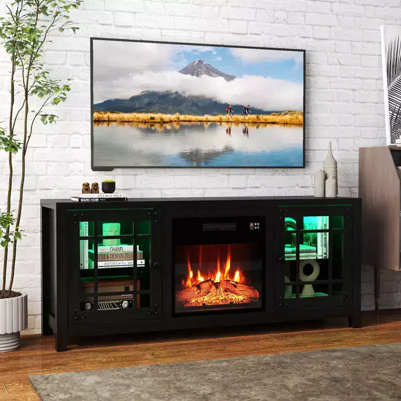 Costway 58 Fireplace TV Stand with LED Lights & 18 Electric Fireplace, Remote Controls Rustic Brown/Light Gray/Black