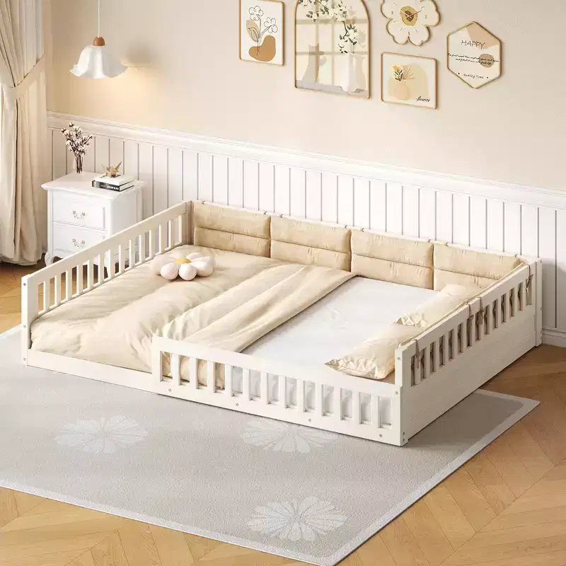 Full Size Floor Bed for Kids with Fence, Wood Floor Platform Bed Upholstered Pillow