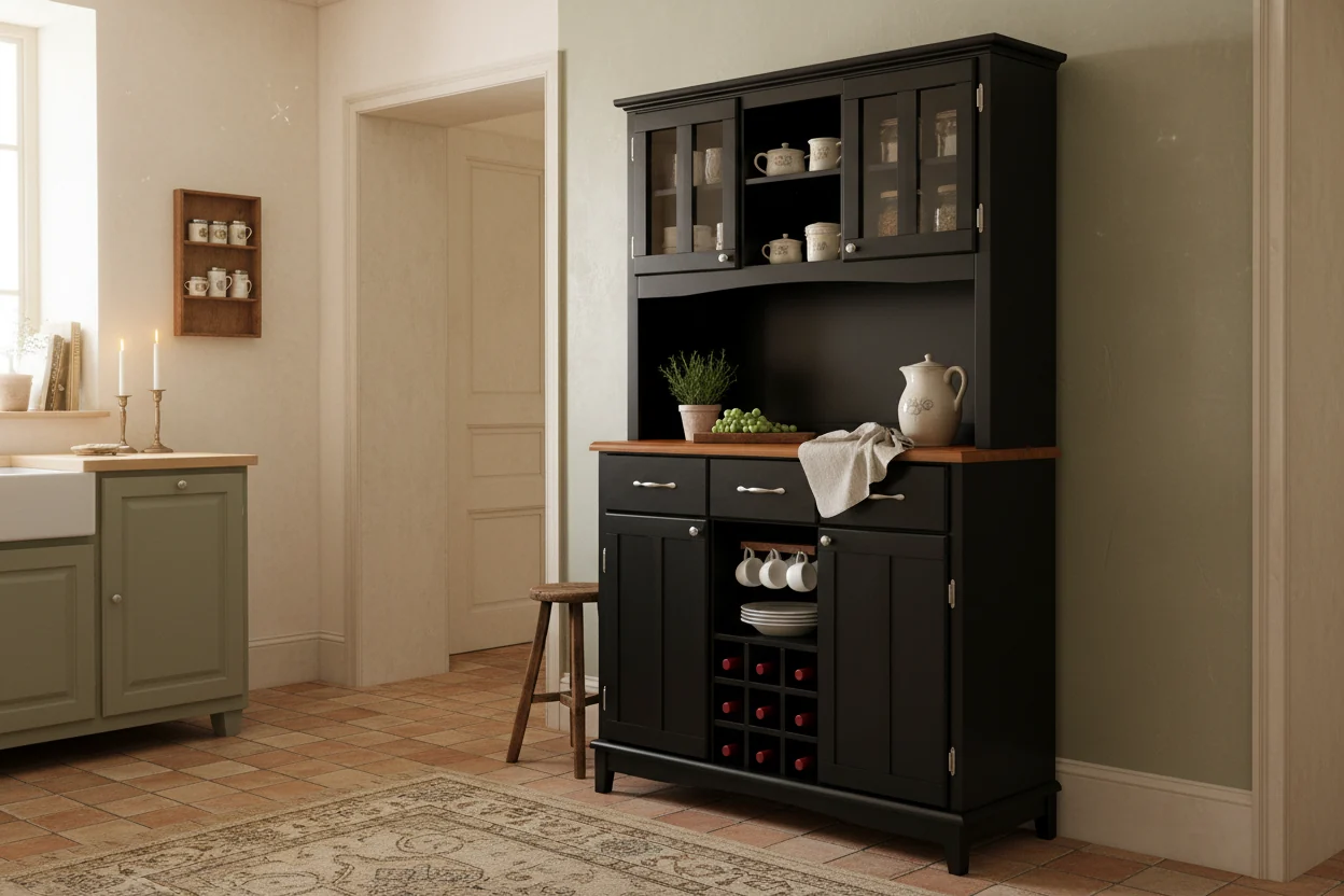 Buffet And Hutch Kitchen Storage Cabinet Cupboard w/ Wine Rack & Drawers Black