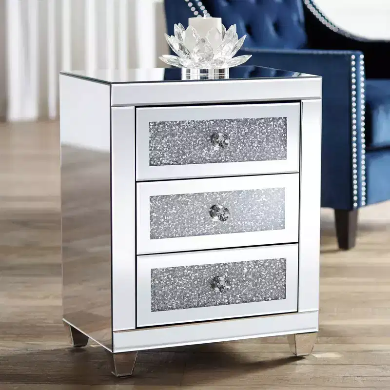 Modern Mirrored Rectangular Accent Side End Table 20x14 with 3-Drawer Silver Glass Crystal