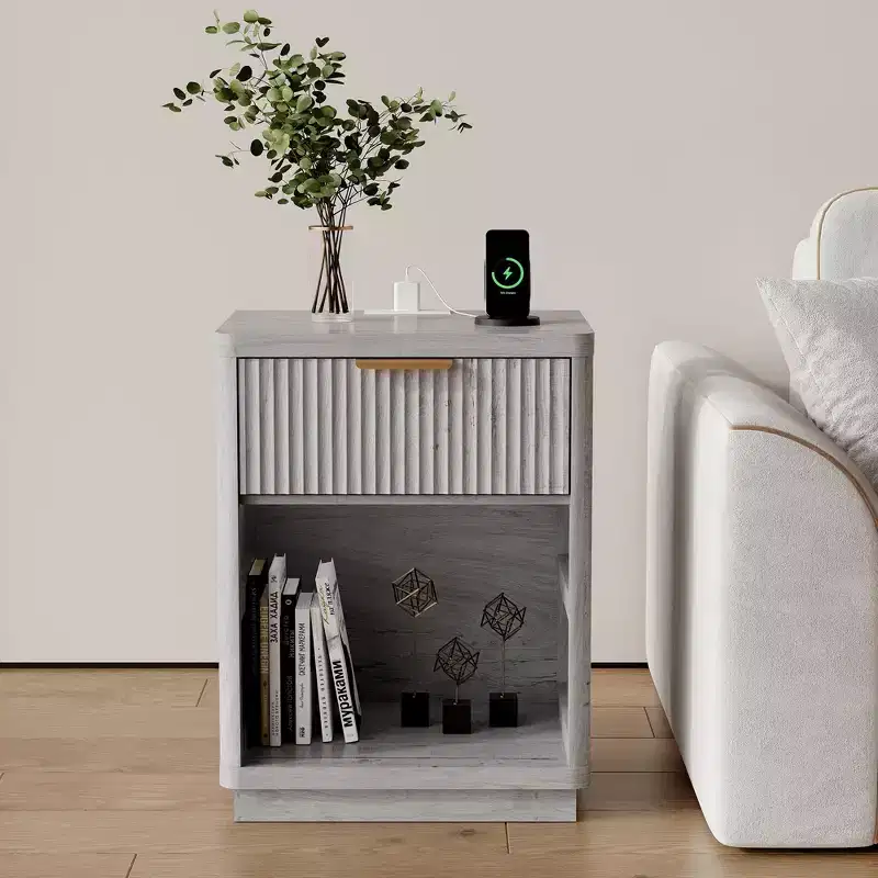 Nightstand with Charging Station, Drawers & Open Shelf, Modern Wood Bedside Table for Bedroom/Living Room/Office