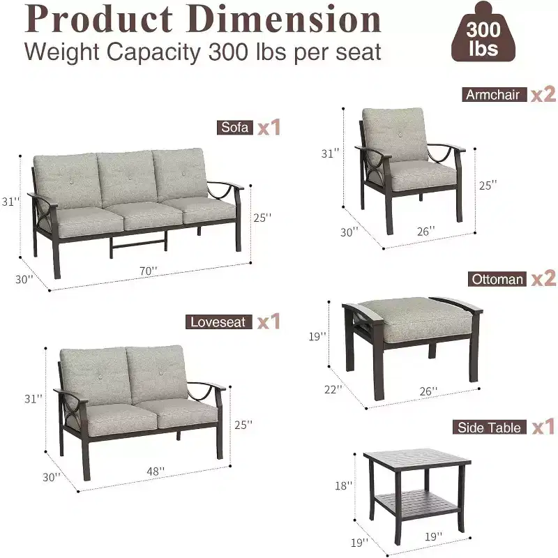 Heynemo Outdoor Patio Furniture Set, 7 Piece Patio Seating Set with Side Table and Ottomans, Metal Furniture Set for Porch Backyard Garden