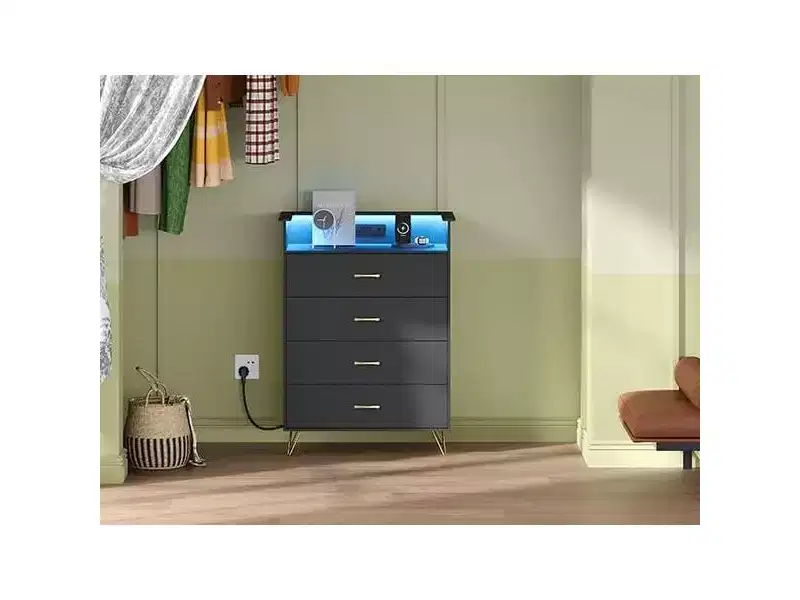 Dresser with Charging Station  4-Drawer Tall Wooden Chest  Large Storage Cabinet for Bedroom, Living Room, or Closet