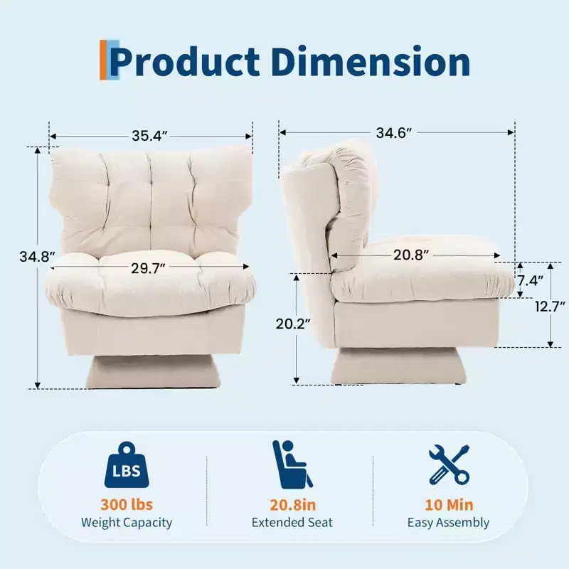Modern Swivel Accent Chair, 360 Lounge Chair, Thick Cushion, Cozy Upholstered, for Bedroom, Apartment, Office