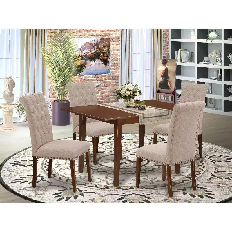 HomeStock Rectangle Dinette Set Linen Chairs Mahogany Finish
