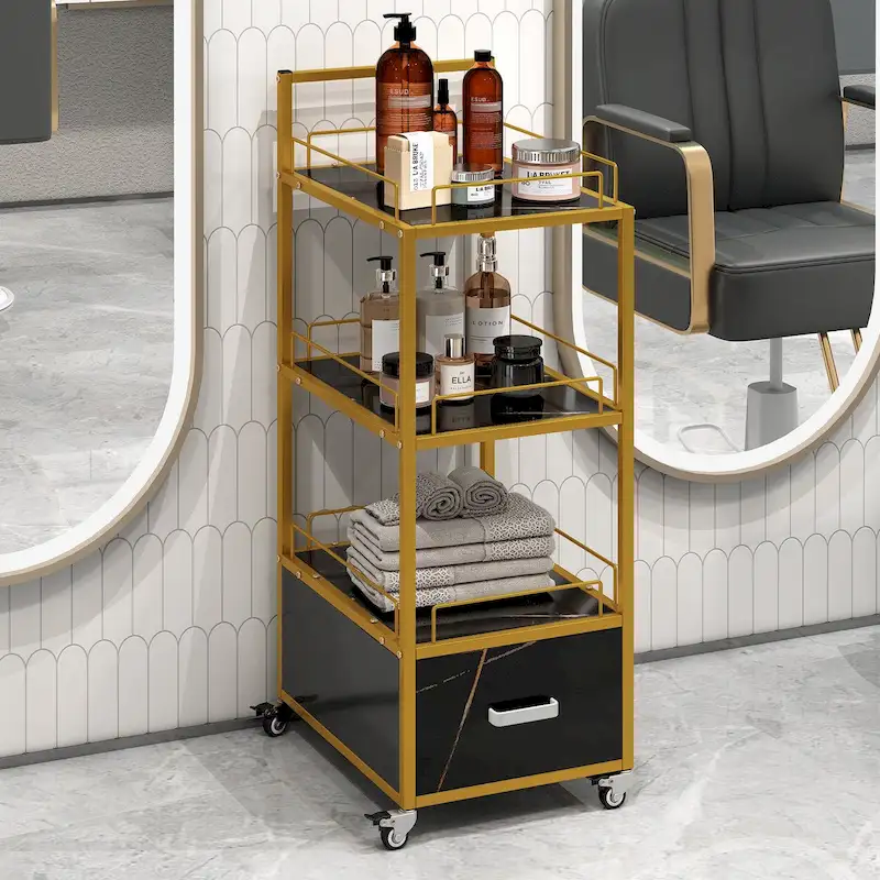 Salon Storage Trolley Cart with Lockable Wheels, Metal Frame & Marbled Board Drawer