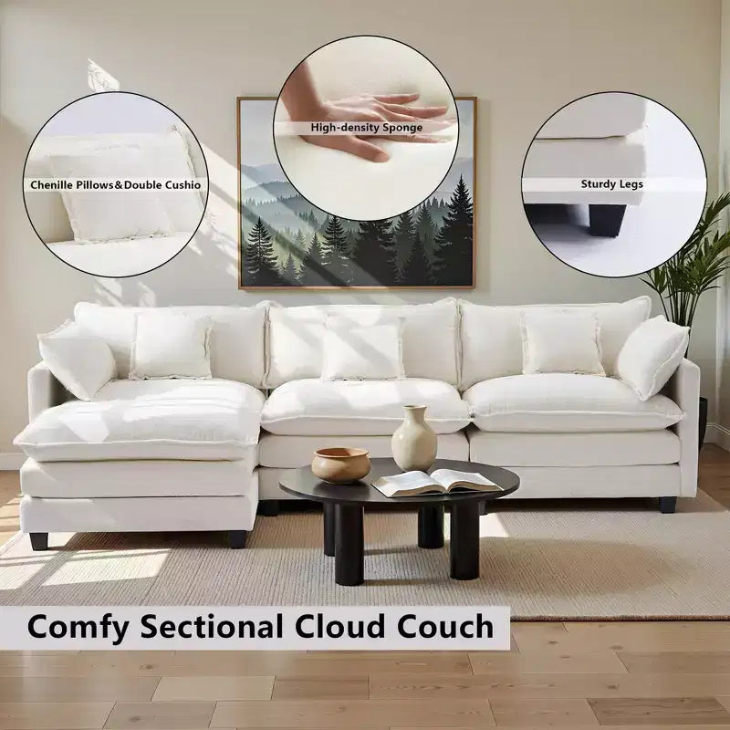 Chenille 3-Seat Sectional Sofa  Modular Deep Seat Sleeper Couch with Ottoman & Side Pocket