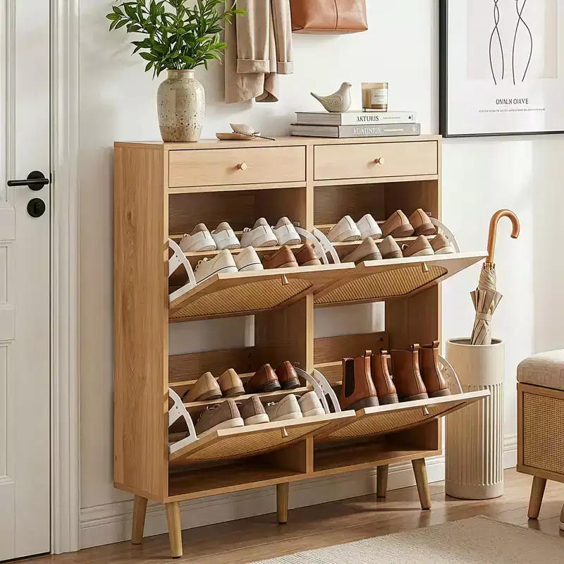 Karl Home Rattan Panel 2 Drawers 4 Flip-Drawer Shoe Cabinet Particleboard 41.34 W