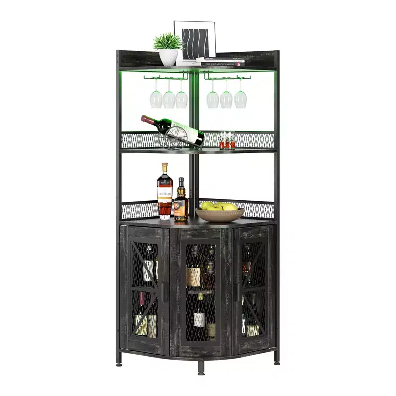 5-Tiers Corner Bar Cabinet with Power Outlet, Industrial Tall Wine Cabinet with LED Lights, Glass Holder, Storage, for Living Room/Kitchen