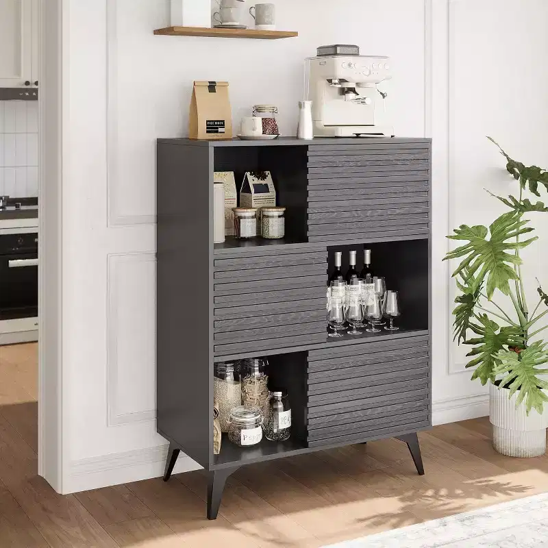 Modern Accent Cabinet with Doors and 3-Tier Storage Cabinet, Wooden Buffet Display Stand with Strong Legs for Living Room, Dining Room, Kitchen