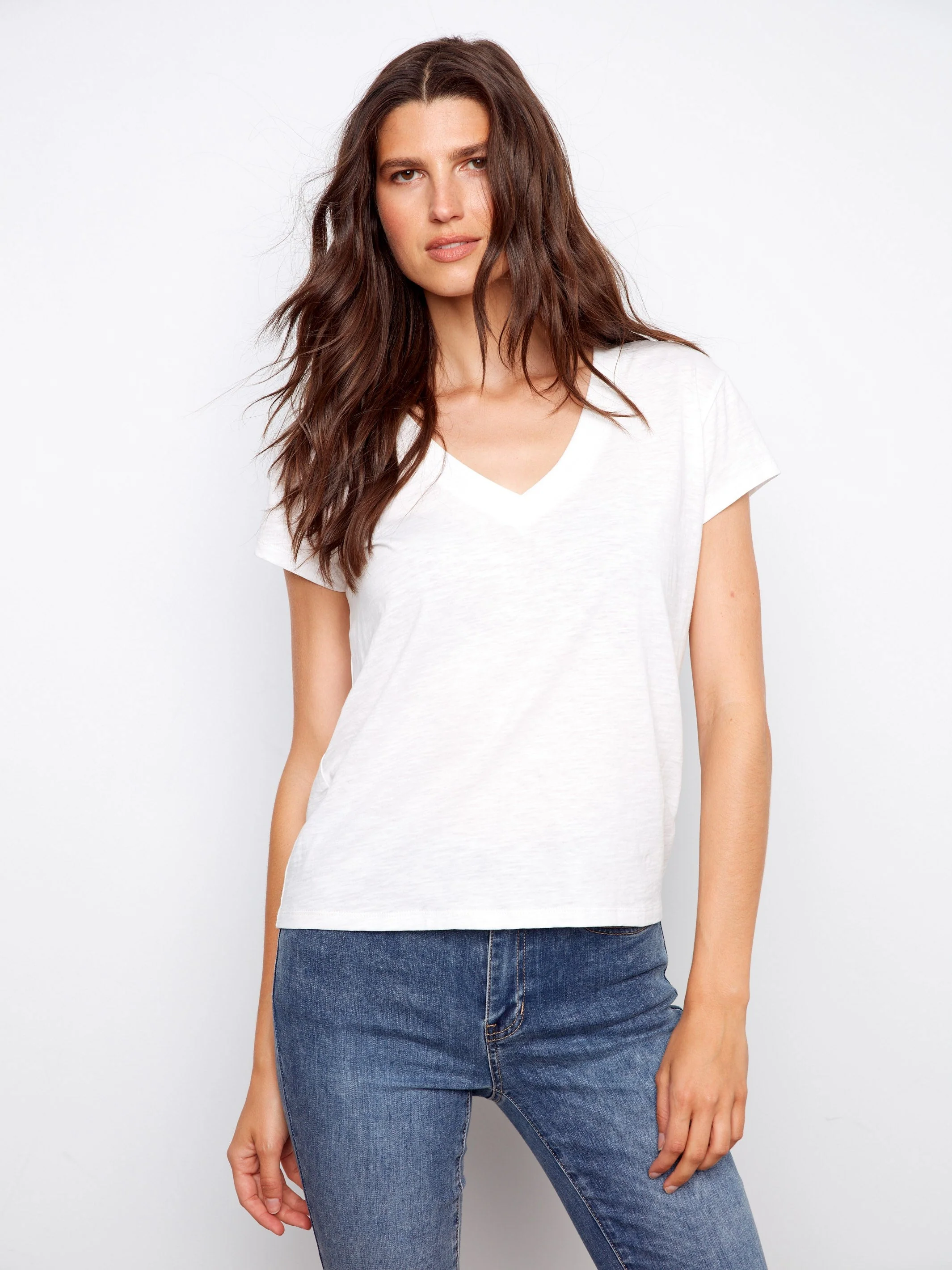 Organic Cotton Drop Shoulder V-Neck T-Shirt - White