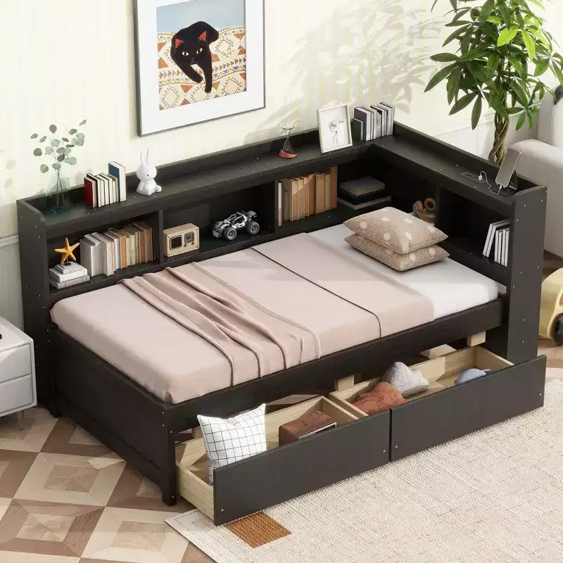 MAYEERTY Twin L-shaped Bookcase Bed with Pink Wood Frame Two Drawers for Bedroom Brown