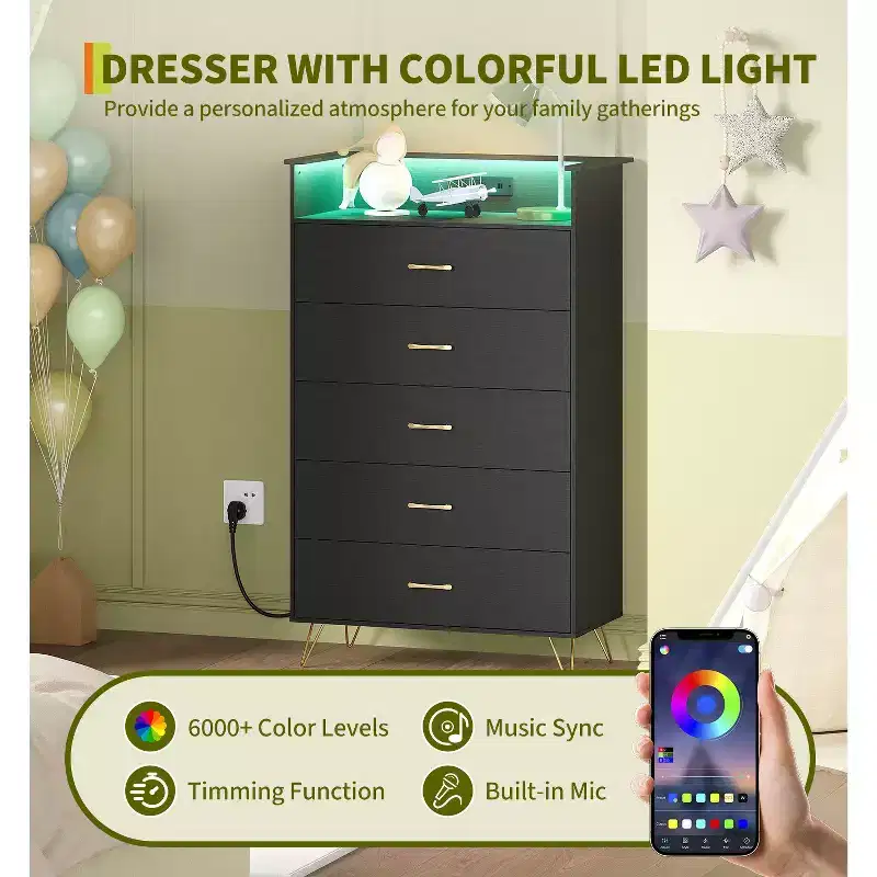 Modern 5 Drawer Tall Dresser - Wooden Chest, Silent Slides - Spacious Bedroom Storage Cabinet , Sturdy Anti-Tip