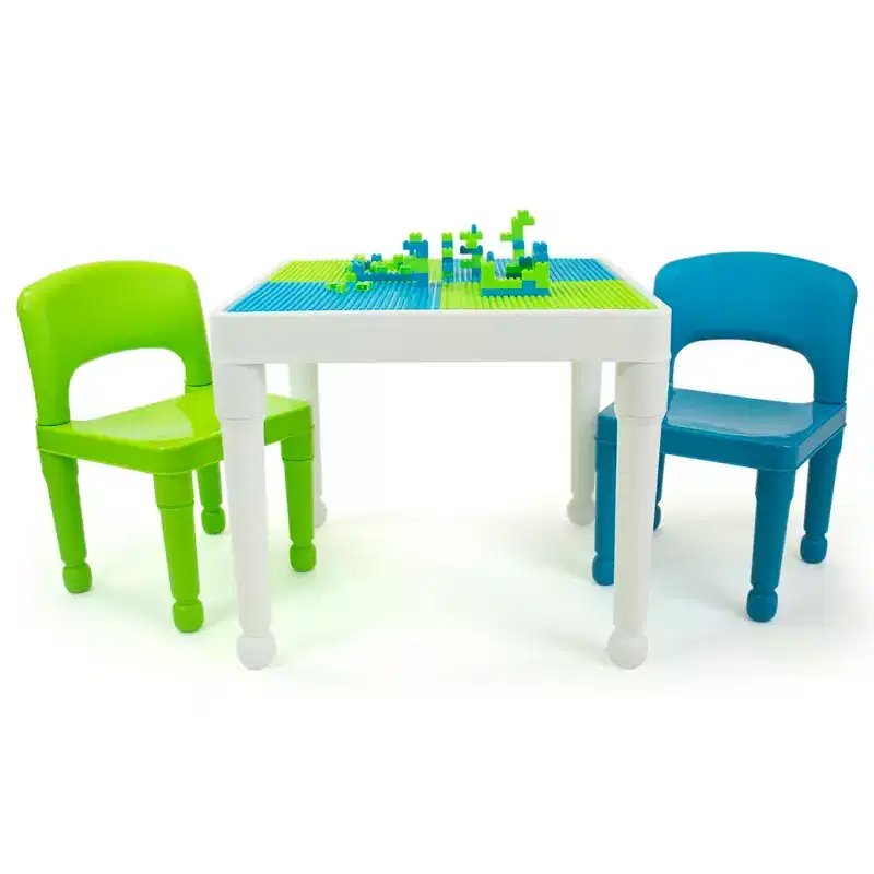 3pc Kids' 2 in 1 Square Activity Table with Chairs and 100pc Building Blocks White/Green/Blue - Humble Crew: Toddler Table Set