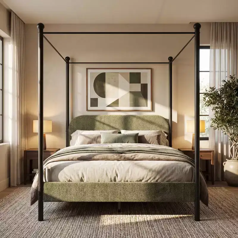 Christopher Knight Home Roman Modern Iron and Wood Boucle Upholstered Canopy Bed Frame with Curved Headboard