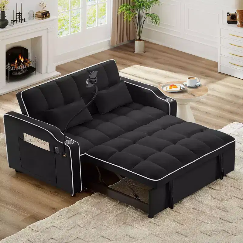 Okak Modern Adjustable Pull-Out Sofa Bed with Side Pockets & Phone Stand,Comfy Velvet Loveseat Sleeper Sofa for Living Room,Apartment