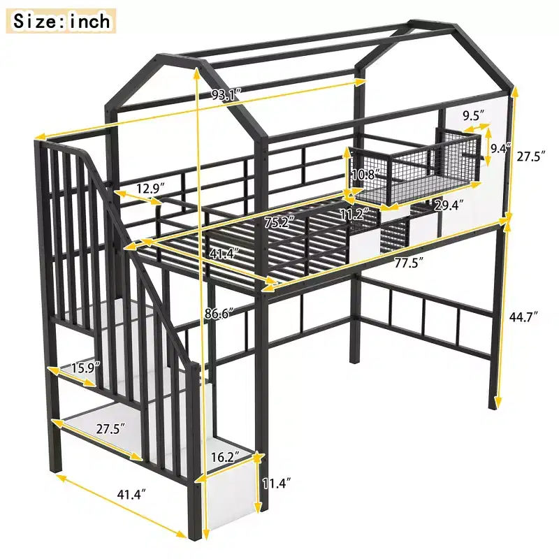 Twin Size House Bed Metal Loft Bed with Storage Box on Roof Design, Storage Staircase Loft Bed Frame with Under Bed Space