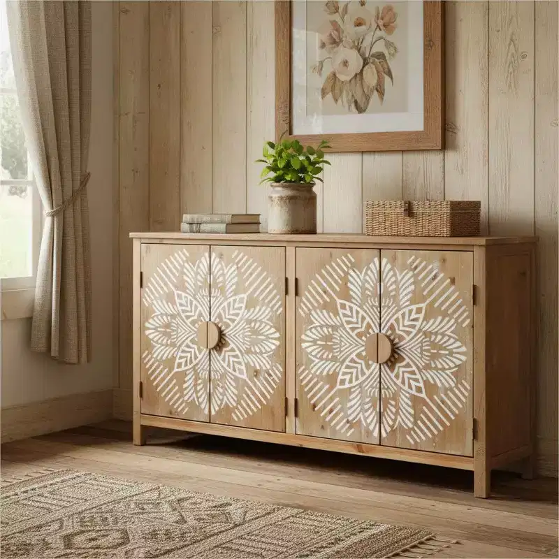 HomeRoots 60 Brown and White Wood Carved Floral Accent Cabinet With Four Doors
