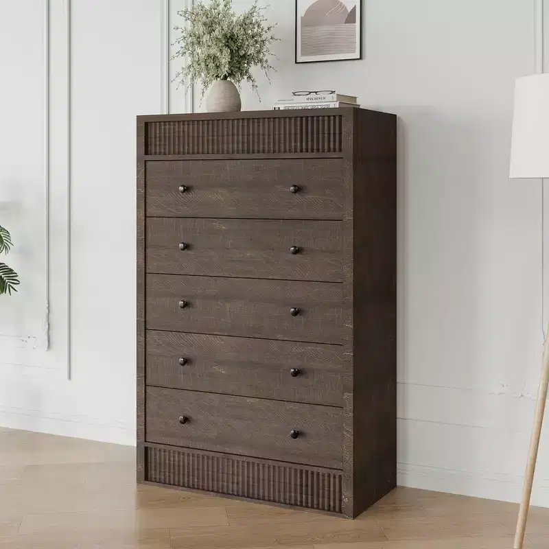 Coolmee 5 Drawer Tall Dresser for Bedroom, 31.5 Wide Fluted Chest of Drawers, Modern Wood Storage Cabinet for Kids Room, Hallway, Living Room