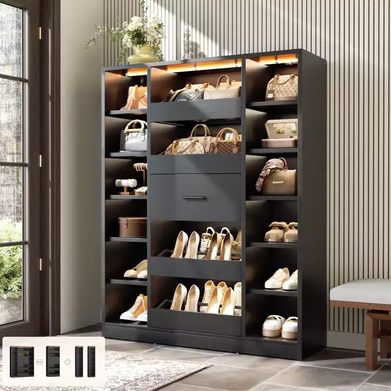 Wooden Shoe Cabinet with LED Lights, Freestanding Closet Organizer with Drawer and Shelves