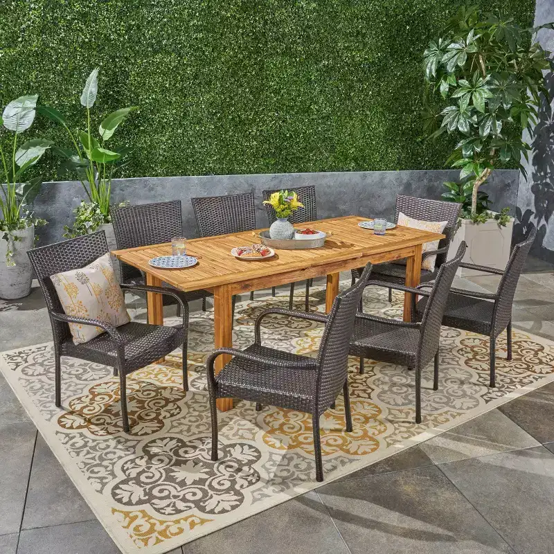 Hayes 9pc Wood & Wicker Expandable Dining Set: Patio Seating for 8 - Christopher Knight Home