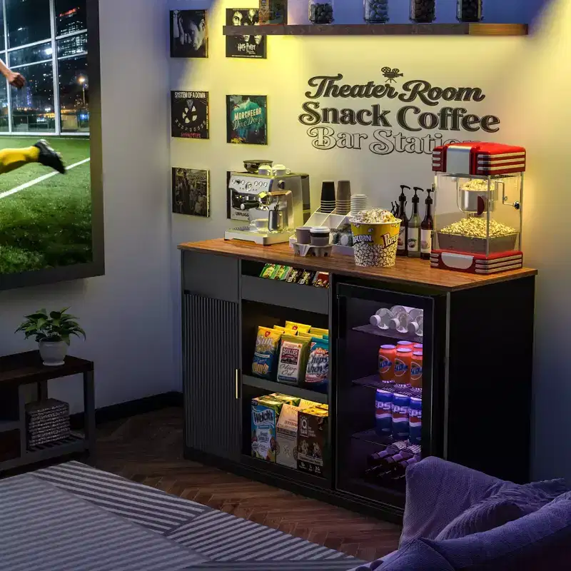 Snack Bar Cabinet with Fridge Space, Snack Organizer with Storage for Home Theater
