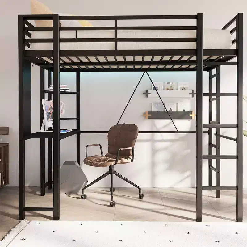 Celebalcony Loft Bed with Desk and Storage Shelves, Frame with 2 Side Ladders for Kids, Teens Adults,Space-Saving and Anti-tilt Design,Black