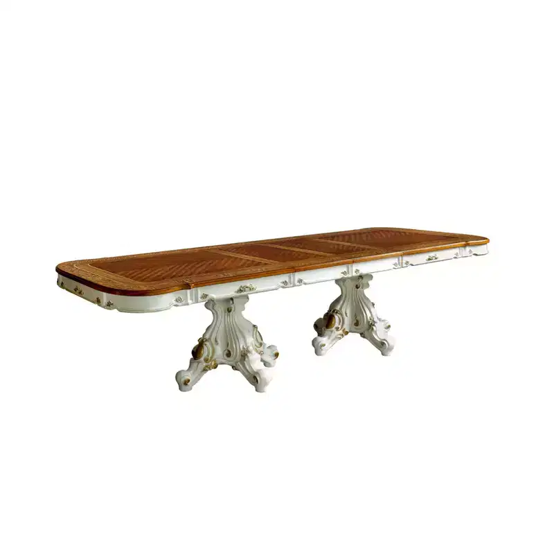 120 Picardy Dining Table Antique Pearl/Cherry Oak - Acme Furniture: Ornate Double Pedestal, Seats 8